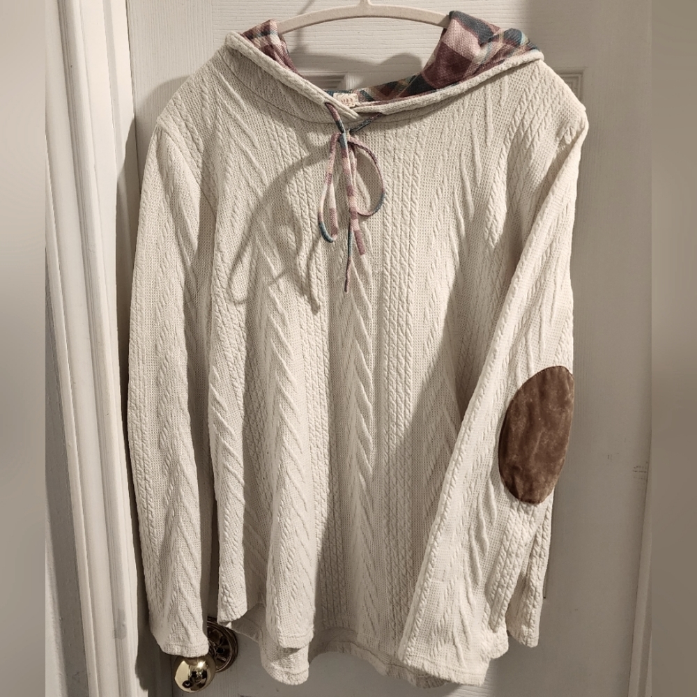 Cable knit hooded sweater with elbow patches